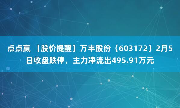 点点赢 【股价提醒】万丰股份（603172）2月5日收盘跌停，主力净流出495.91万元